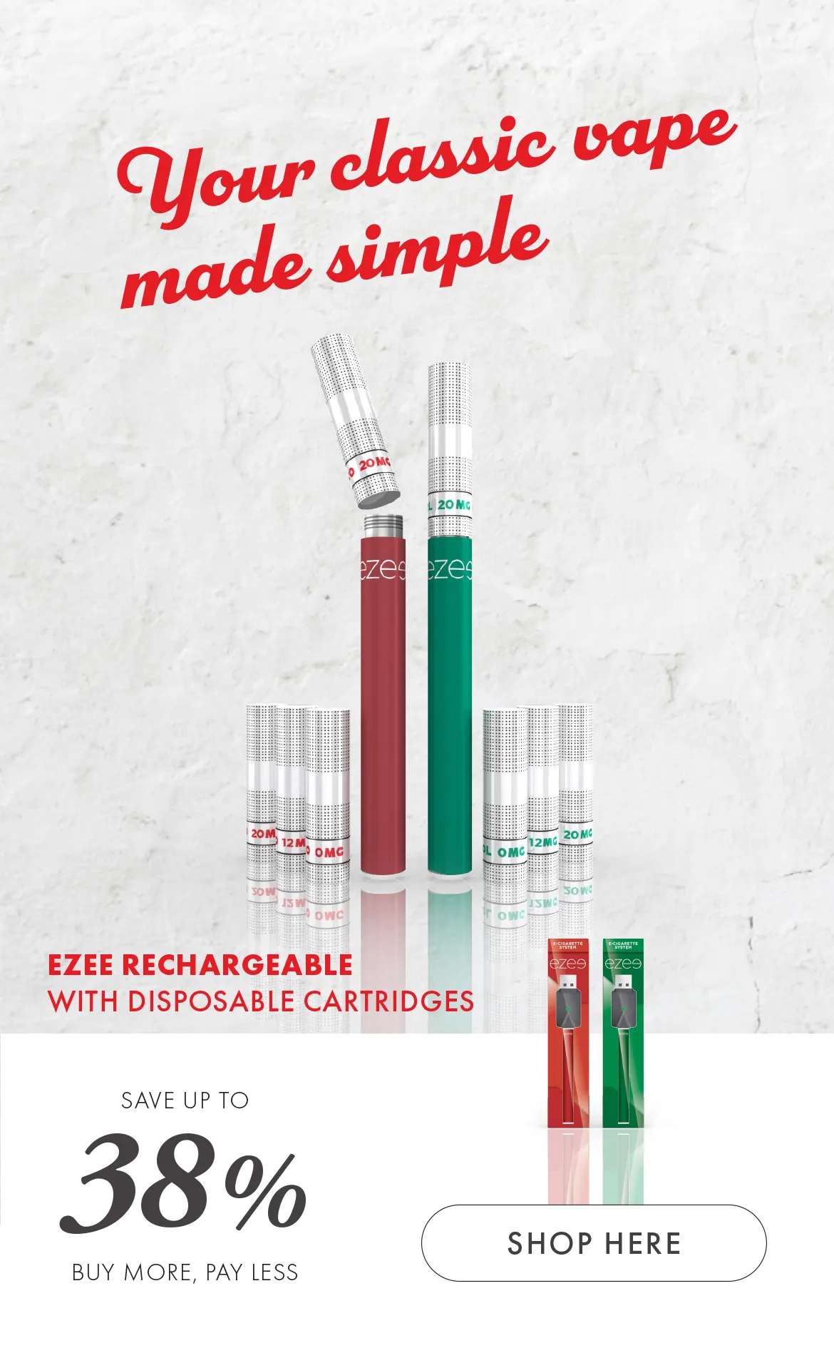 ezee e-cigarette starter set kit vape cigalike disposable cartridges filters no nicotine